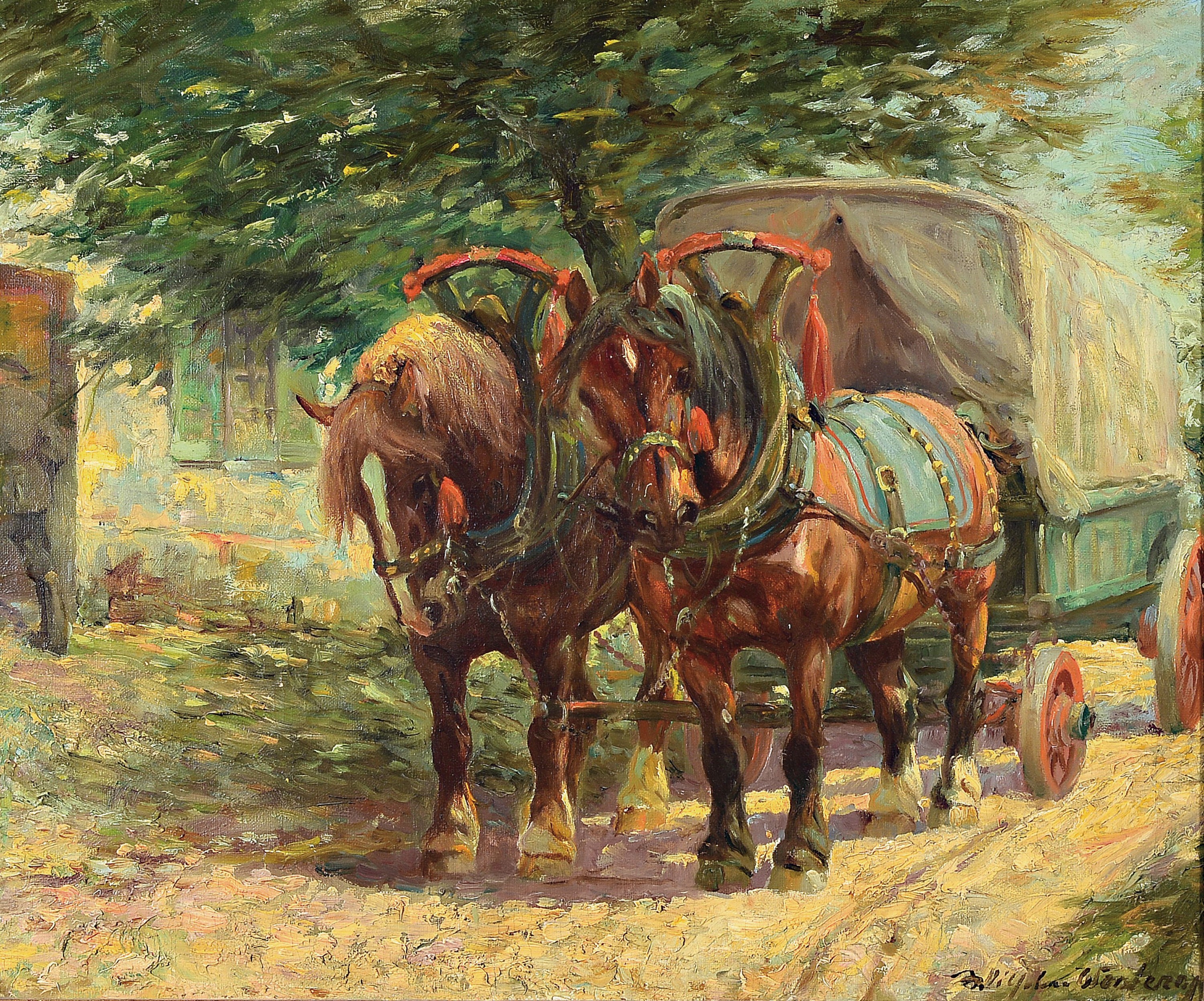 Wilhelm Westerop, 1876 Potsdam-1954 Düsseldorf, zweispännige Kutsche unter Bäumen vor einem has, Öl/Lwd, rechts unten signiert, ca. 50x60cm, R. ...