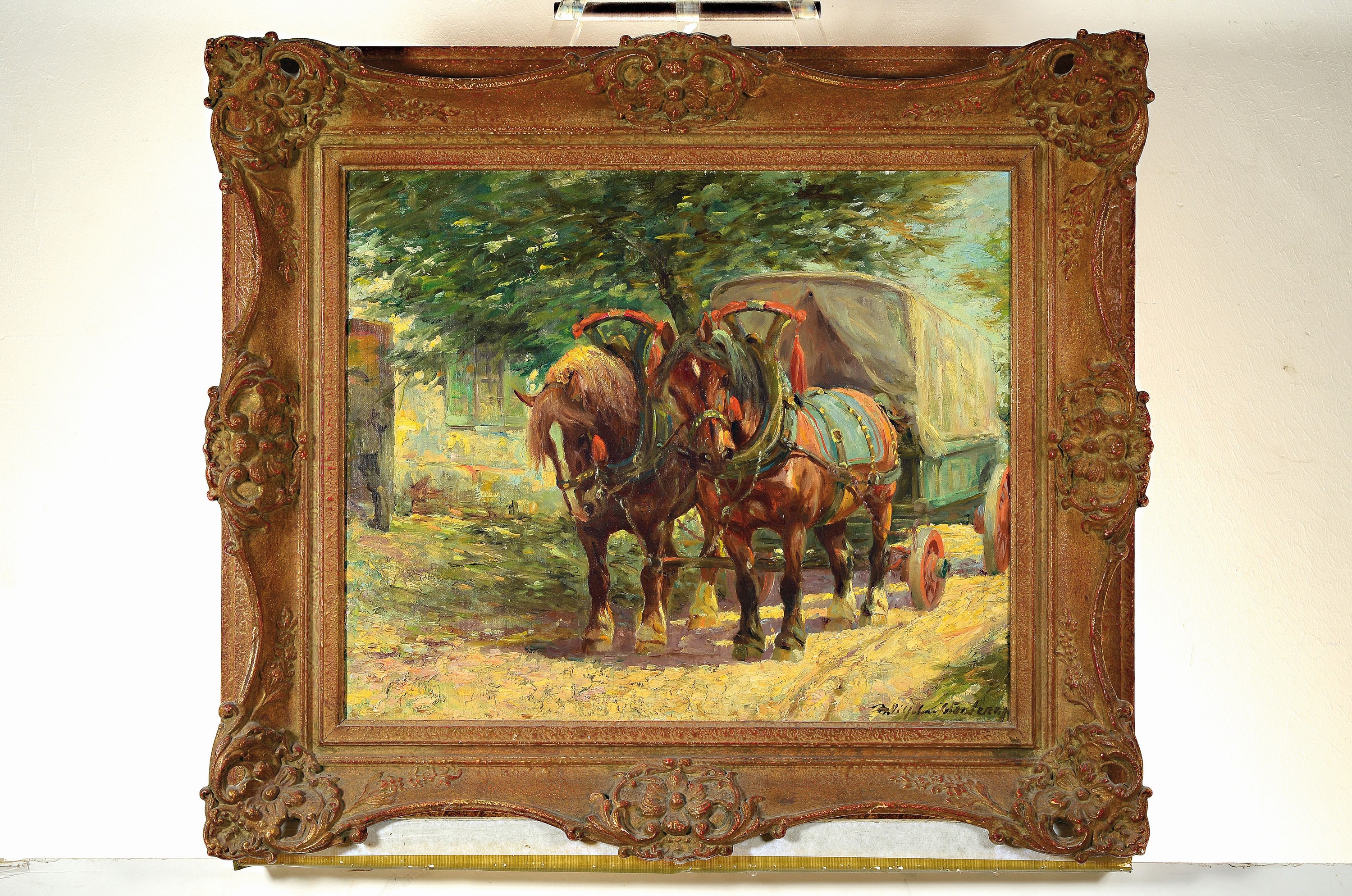 Detail k: Wilhelm Westerop, 1876 Potsdam-1954 Düsseldorf, zweispännige Kutsche unter Bäumen vor einem has, Öl/Lwd, rechts unten signiert, ca. 50x60cm, R. ...