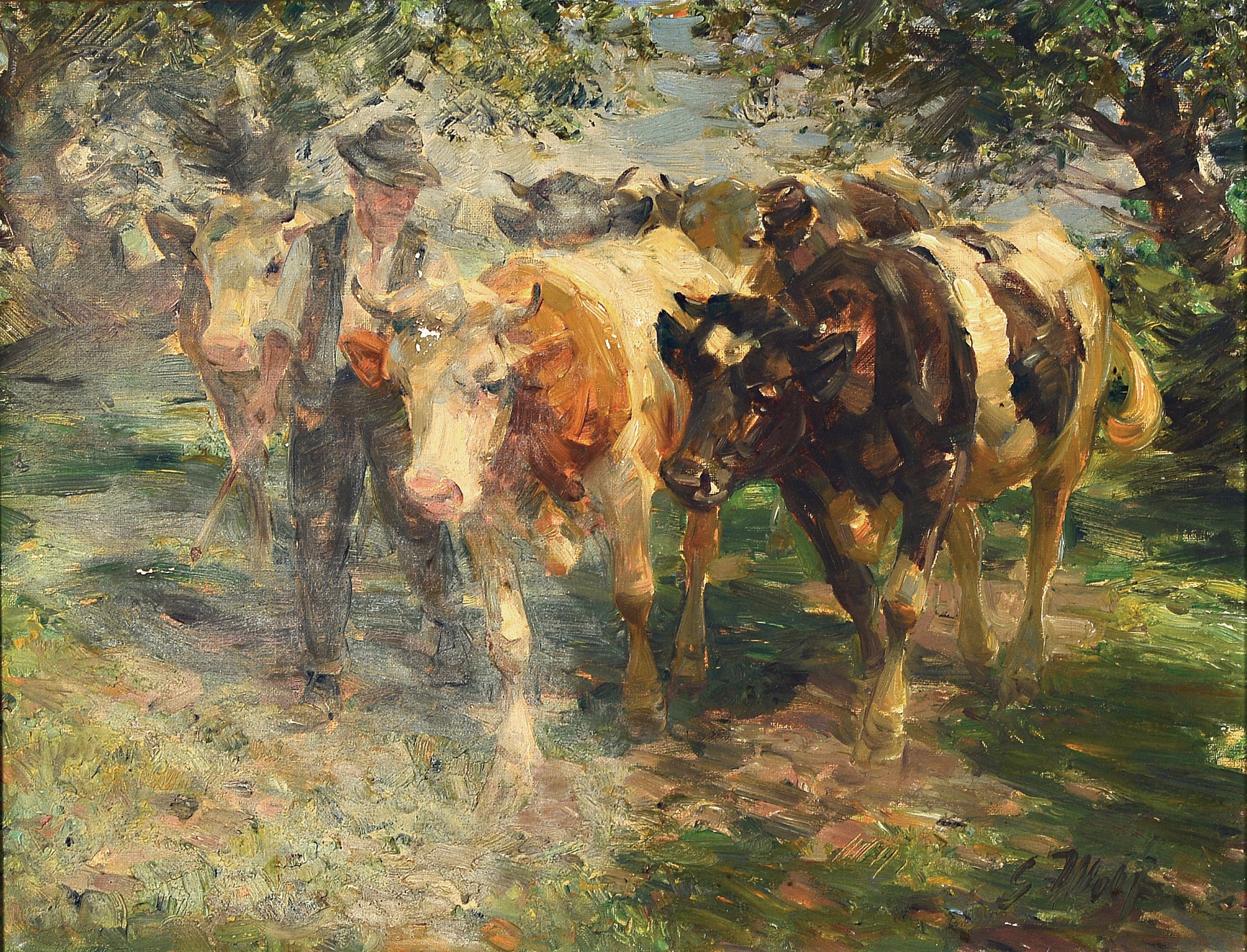 Georg Wolf, 1882 Niederhausbergen-1962 Uelzen, Bauer mit vier Kühen auf Baum bestandenem Weg, Öl/Lwd, rechts unten signiert, ca. 47x60cm, kleinere ...