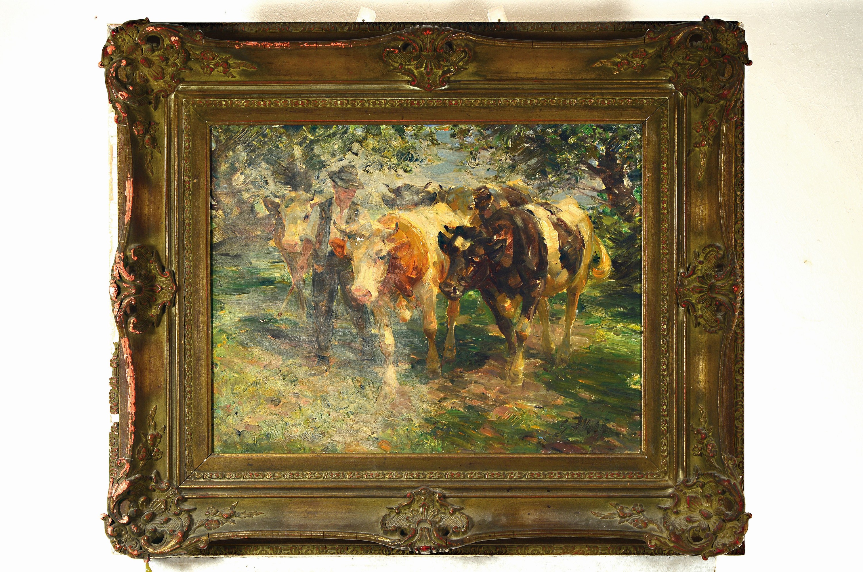 Detail k: Georg Wolf, 1882 Niederhausbergen-1962 Uelzen, Bauer mit vier Kühen auf Baum bestandenem Weg, Öl/Lwd, rechts unten signiert, ca. 47x60cm, kleinere ...