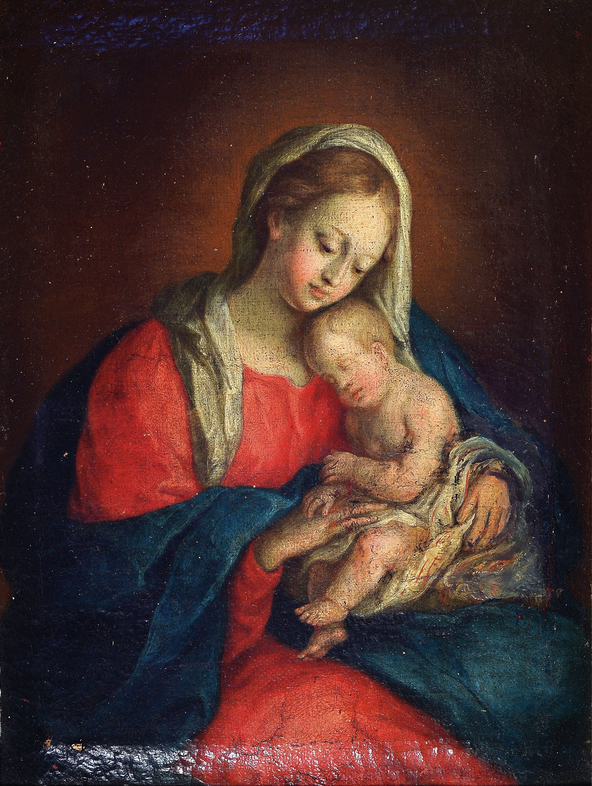 Unbekannter Künstler des 18. Jh., Mutter Gottes mit Kind, Öl/Lwd, rest., ca. 30x23cm, R. ca. 36x29cm
