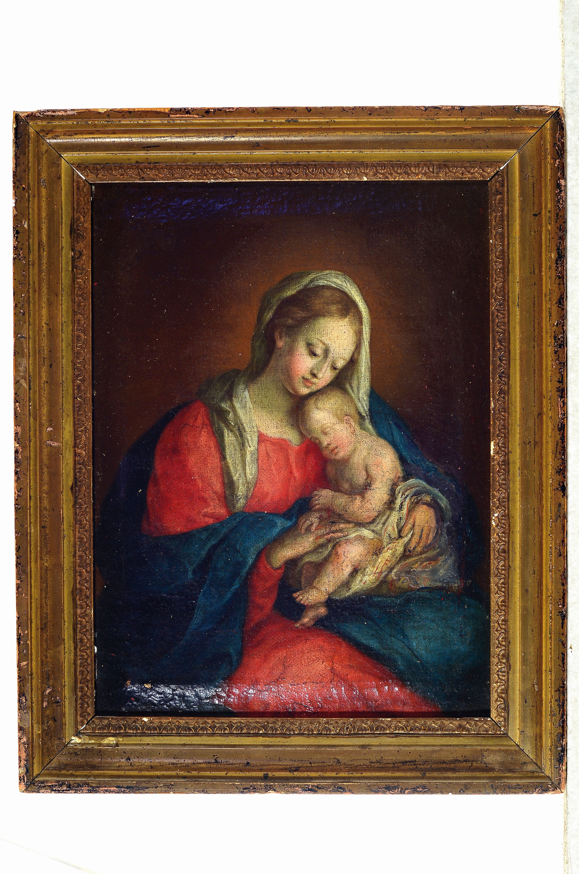 Detail k: Unbekannter Künstler des 18. Jh., Mutter Gottes mit Kind, Öl/Lwd, rest., ca. 30x23cm, R. ca. 36x29cm