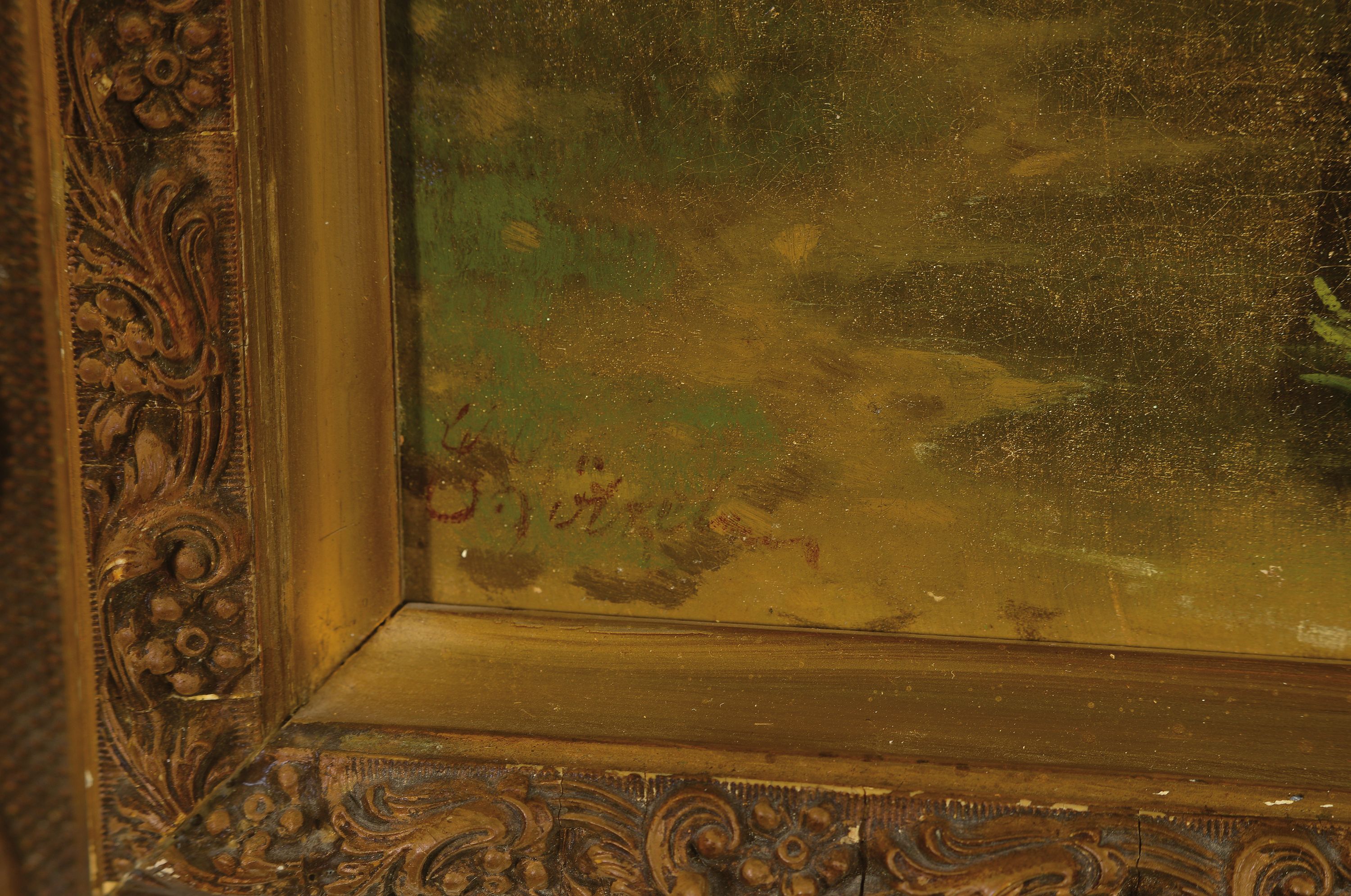 Detail a: Eduard Götzelmann, 1830-1903 Wien, Kühe an der Tränke, im Hintergrund Hirtenjunge beim Spiel mit dem Hund, links unten signiert, Öl/Lwd, min. ...