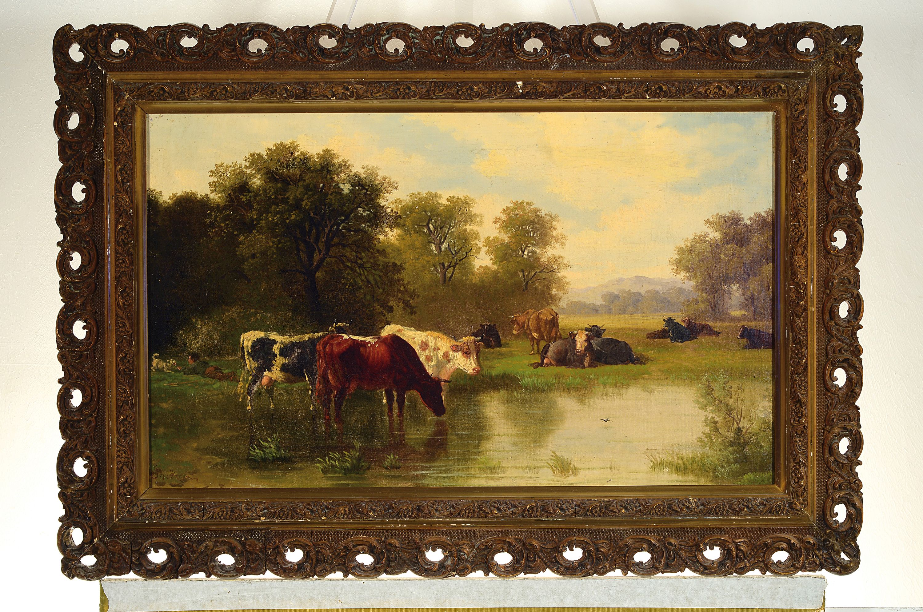 Detail k: Eduard Götzelmann, 1830-1903 Wien, Kühe an der Tränke, im Hintergrund Hirtenjunge beim Spiel mit dem Hund, links unten signiert, Öl/Lwd, min. ...