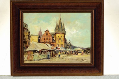 26785116k - Arnold, traditionalist 2nd half of the 20th century, two paintings, a. #"The old Frankfurter Schirn#", 38 x 55 cm, frame: approx. 51 x 67 cm and b. Rent tower with trade fair in Frankfurt, approx. 30 x 40 cm, frame: approx. 42.5 x 52 cm, both probably copies after Anton Burger