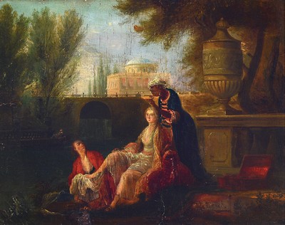 Image Baroque painting from the 17th/18th C., oriental princess washing her feet and ...