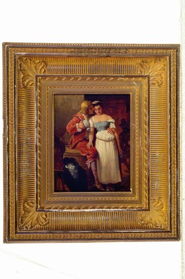 26785140k - August Hermann Knoop, 1856 - 1919, poussierndes Paar in der Schenke, Öl/Karton, rückseitig bezichnet Original Knoop, unsigniert, ca. 22x15.5 cm, Prunkrahmen ca. 37.5 x 33 cm,l. ausgebessert