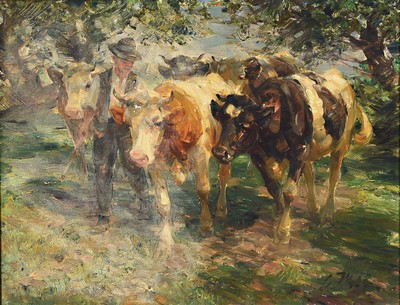 Image Georg Wolf, 1882 Niederhausbergen-1962 Uelzen,farmer with four cows on a tree-lined path, oil/canvas, signed lower right, approx. 47x60cm, minor color defects,frame approx. 73x86cm, frame damaged