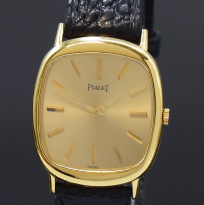 26785153a - PIAGET reference 9454 elegant 18k yellow gold wristwatch, Switzerland around 1970, manual winding, thin two piece construction case, case back screwed-down 4-times, gilded dial, applied gilded indices, gilded dauphine hands, nickel plated movement calibre 9P, 18 jewels, leather strap with original 18k yellow gold buckle, measures approx. 31 x 27 mm, condition 2, property of a collector