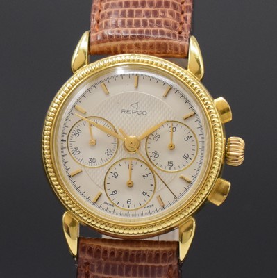 26785155a - REPCO 18k yellow gold chronograph, Switzerland around 1990, manual winding, on both sides glazed case, snap on case back, fluted bezel, silvered structure-dial, applied gilded indices, gilded leaf hands, nickel plated movement calibre LEMANIA 1873, 17 jewels, precision adjustment, diameter approx. 32 mm, condition 2, property of a collector