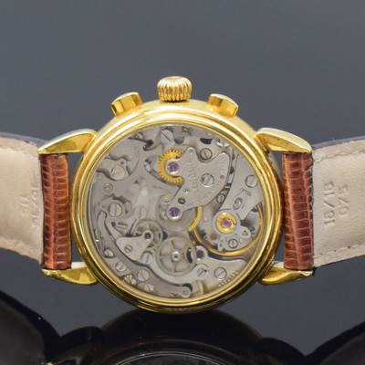 26785155d - REPCO 18k yellow gold chronograph, Switzerland around 1990, manual winding, on both sides glazed case, snap on case back, fluted bezel, silvered structure-dial, applied gilded indices, gilded leaf hands, nickel plated movement calibre LEMANIA 1873, 17 jewels, precision adjustment, diameter approx. 32 mm, condition 2, property of a collector