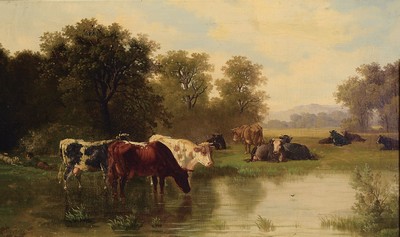Image 26785163 - Eduard Götzelmann, 1830-1903 Vienna, cows at the trough, in the background shepherd boy playing with the dog, signed lower left, oil/canvas, min. surface damage, 42x69 cm, frame 60x88 cm