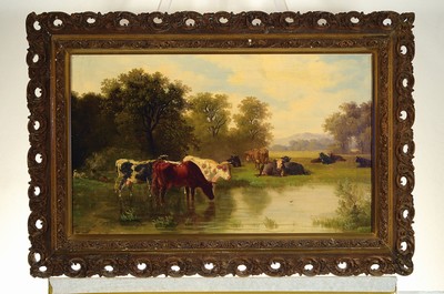 26785163k - Eduard Götzelmann, 1830-1903 Vienna, cows at the trough, in the background shepherd boy playing with the dog, signed lower left, oil/canvas, min. surface damage, 42x69 cm, frame 60x88 cm