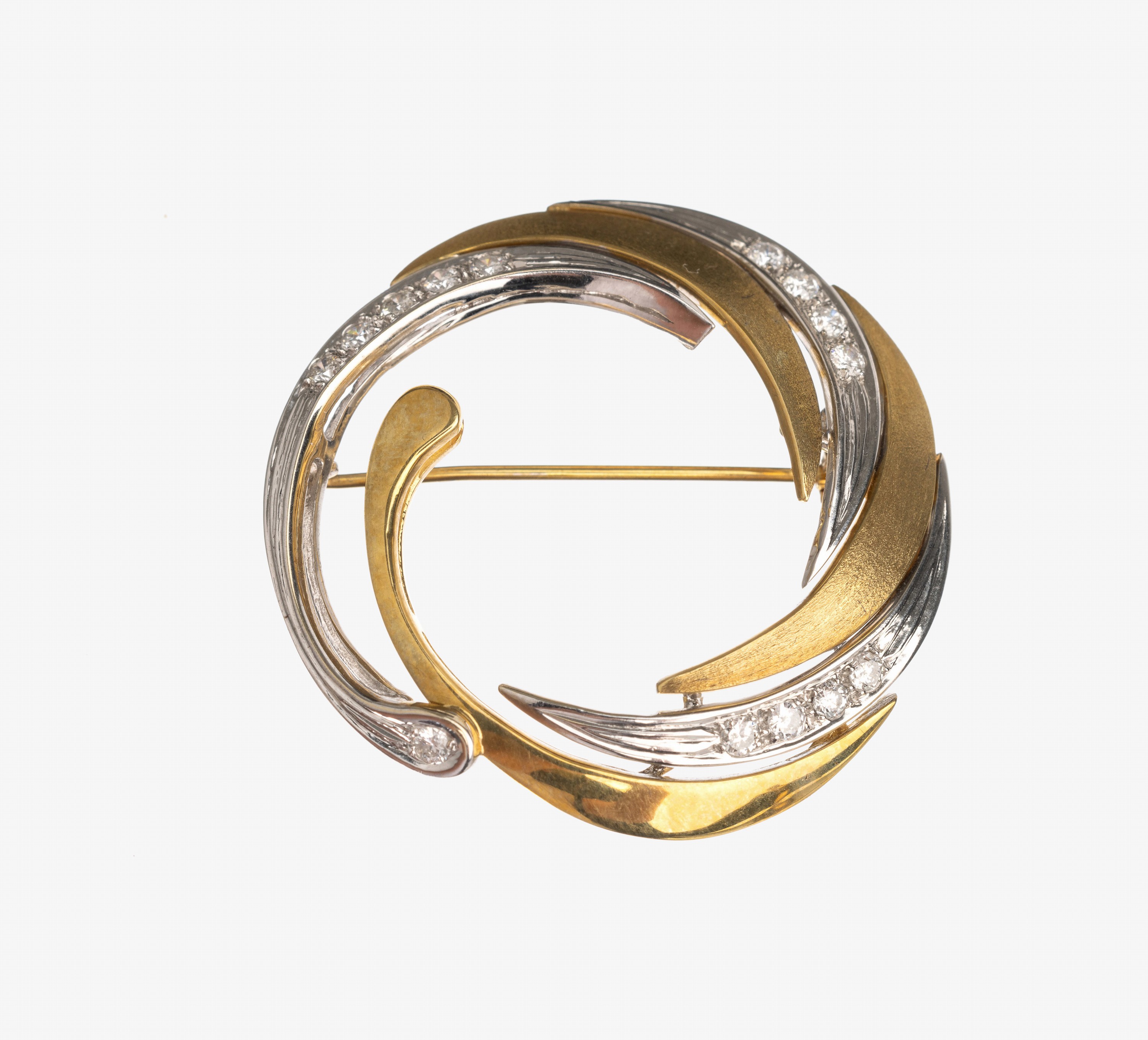 14 kt Gold Brillant Brosche, GG/WG 585/000,teilsat., in WG gefasste Brillanten zus. ca. 0.42 ct Weiß/si, ca. 3.5 cm, ca. 8.3 g