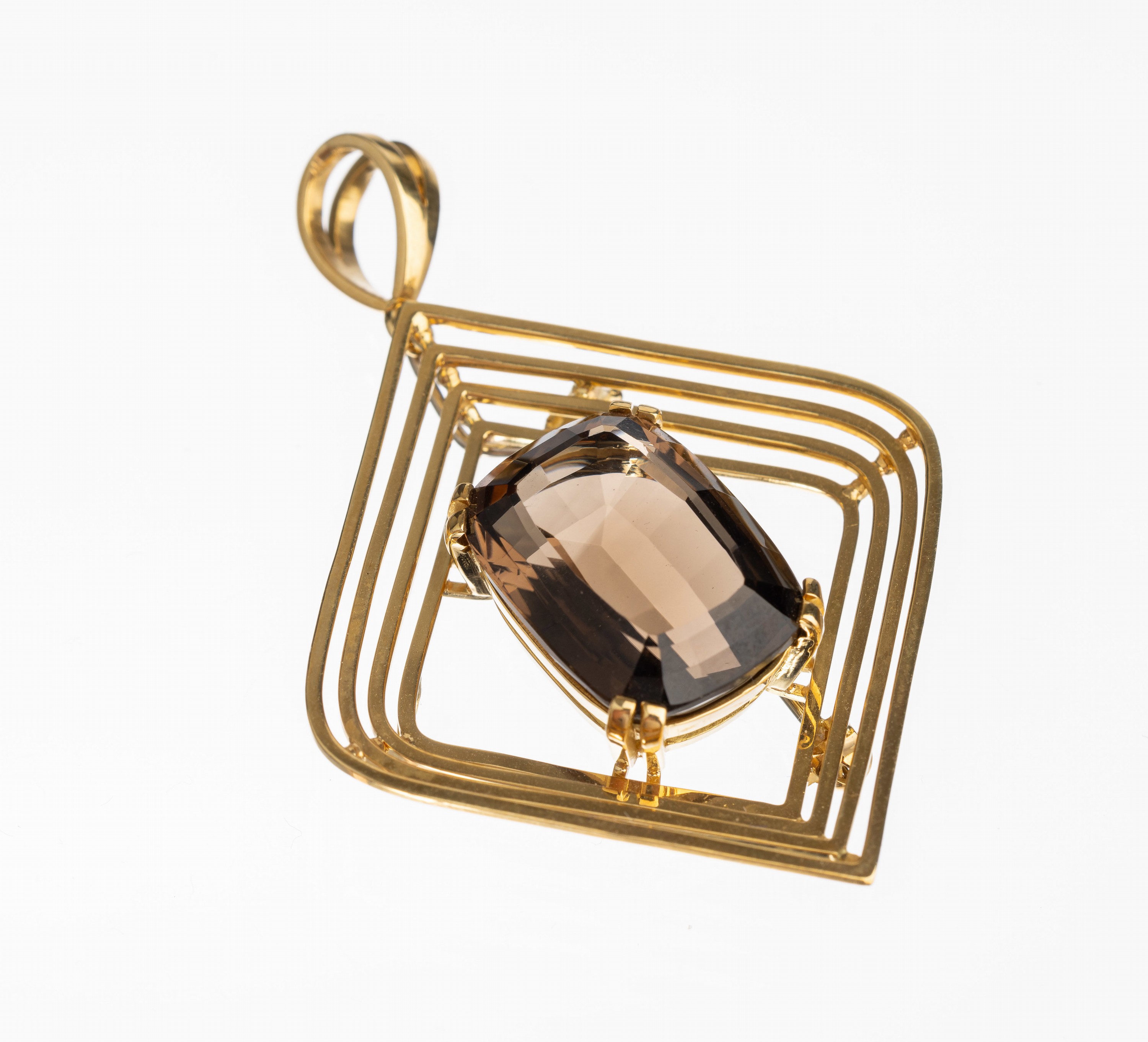18 kt Gold Rauchquarzbrosche/-anhänger, GG 750/000, geometrisches Design, facett. Rauchquarzrechteck, ca. 3 x 3 cm, ca. 14.8 g