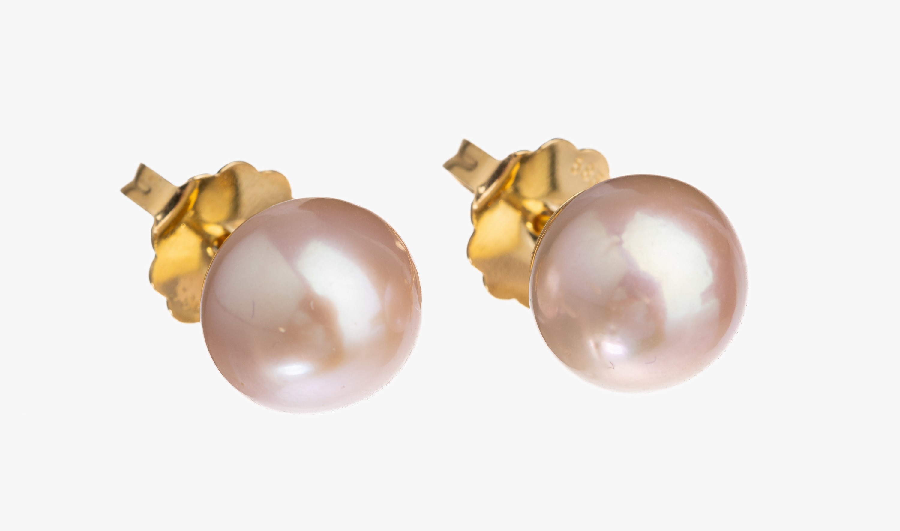 Paar 14 kt Gold Süßwasserzuchtperl-Ohrstecker, GG 585/000, 2 weiße, l. rosefarb. Süß- wasserzuchtperlen ca. 11.5 mm, total ca. 6.6 g