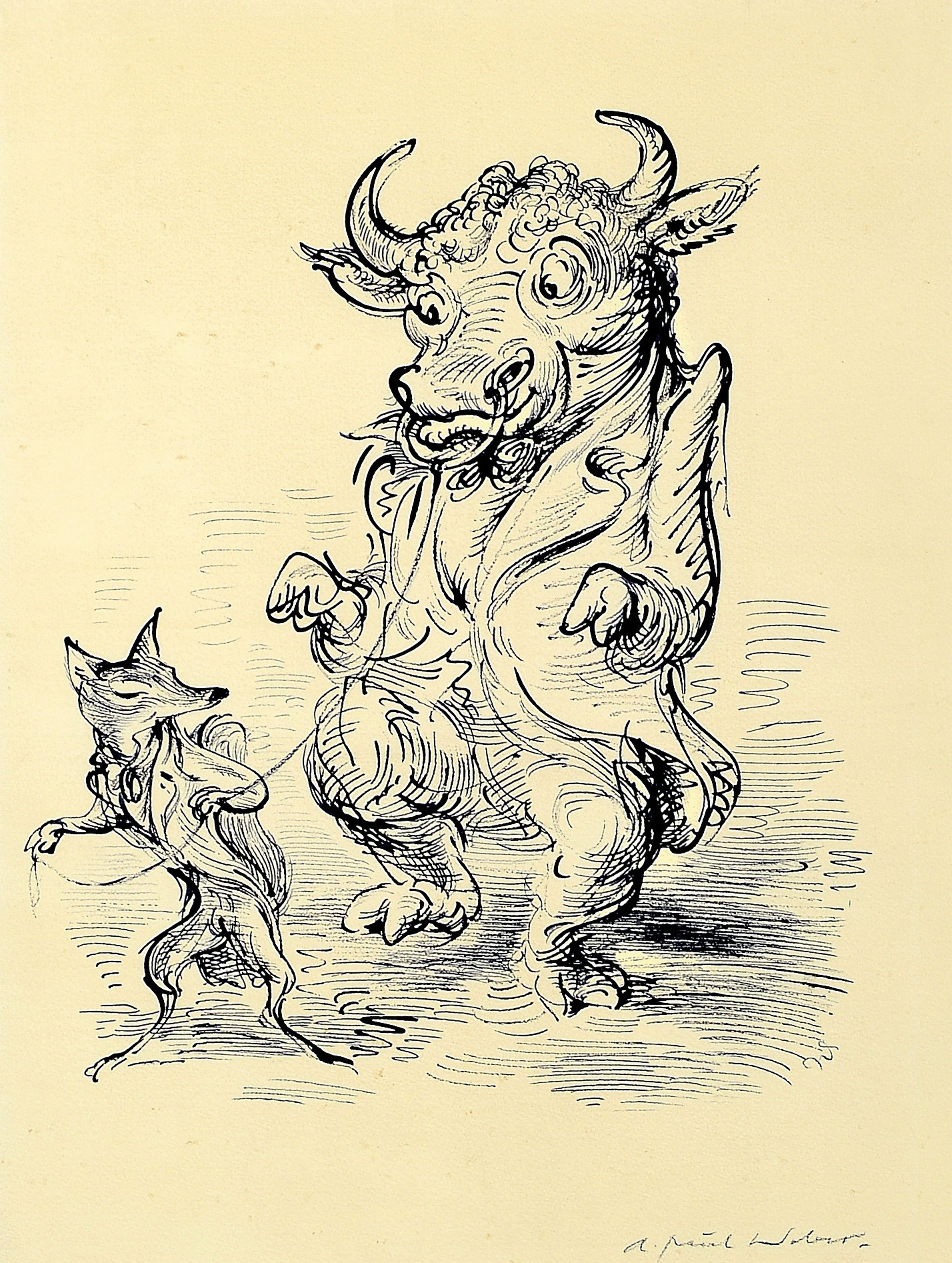 A. Paul Weber, 1893 Arnstadt - 1980 Schretstaken, schwarze Federzeichnung, "Bullentanz mit Füchslein", re. u. signiert, 32 x 24.5 cm, ...