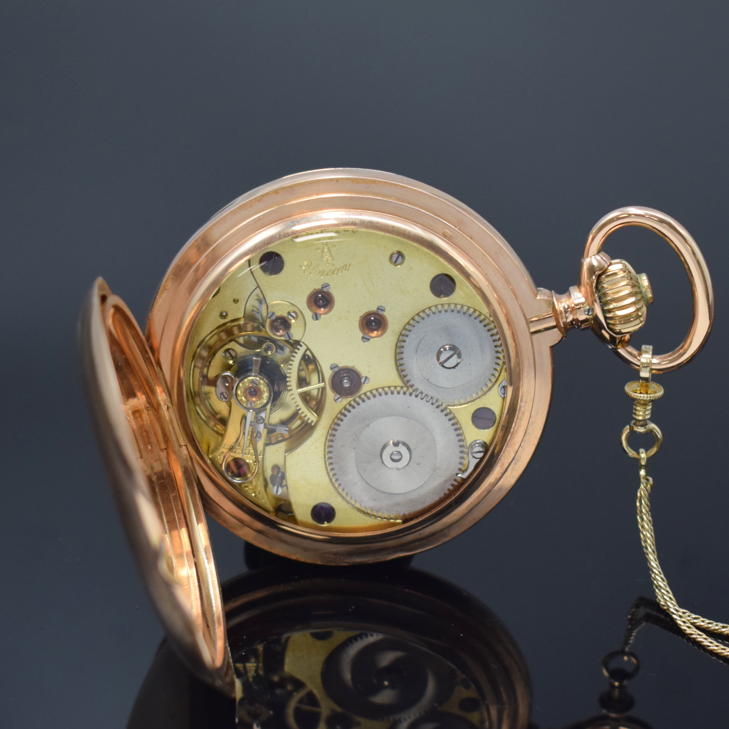 Detail g: UNION GLOCKE Savonette Herrentaschenuhr in RG 585/000 an GG 585/000 Kette, Deutschland um 1910, guill. 3-Deckel Goldgeh. m. a-Goutte Schlüssen l. ...