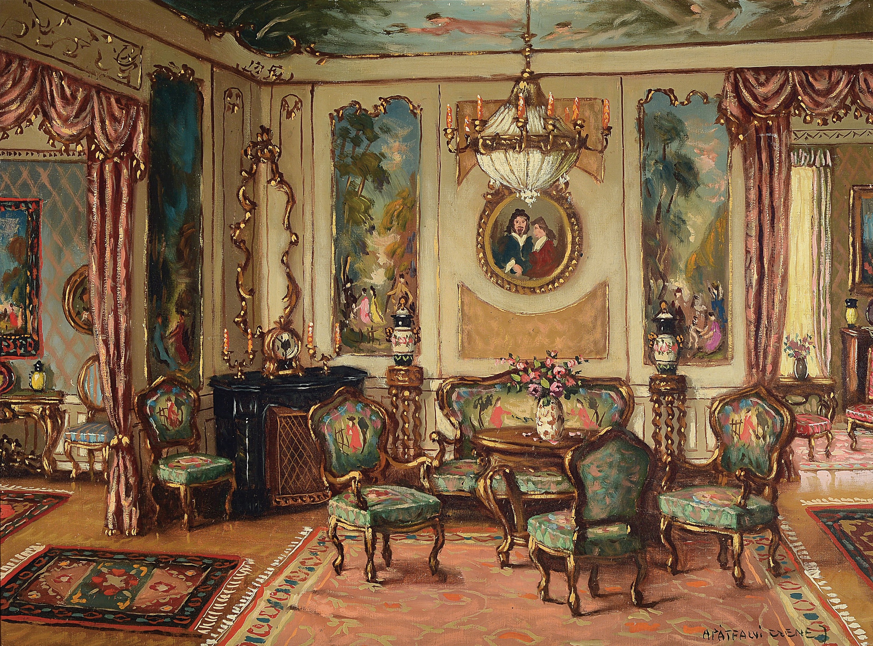 Janos Apatfalvi Czene, 1904-1984, Ungarn, Herrschaftliches Interieur, detailreiche Schilderung des Mobiliars und der Wandmalerei, rechts unten ...