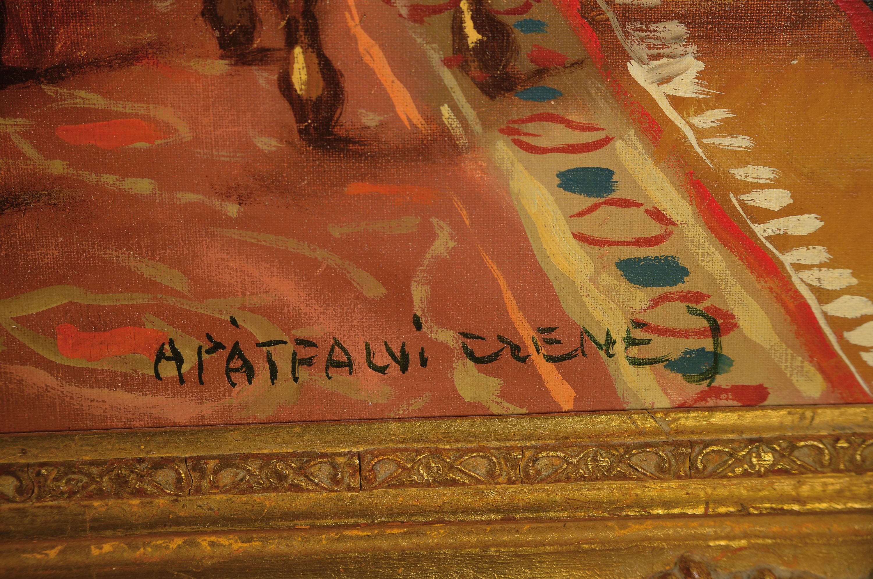 Detail a: Janos Apatfalvi Czene, 1904-1984, Ungarn, Herrschaftliches Interieur, detailreiche Schilderung des Mobiliars und der Wandmalerei, rechts unten ...