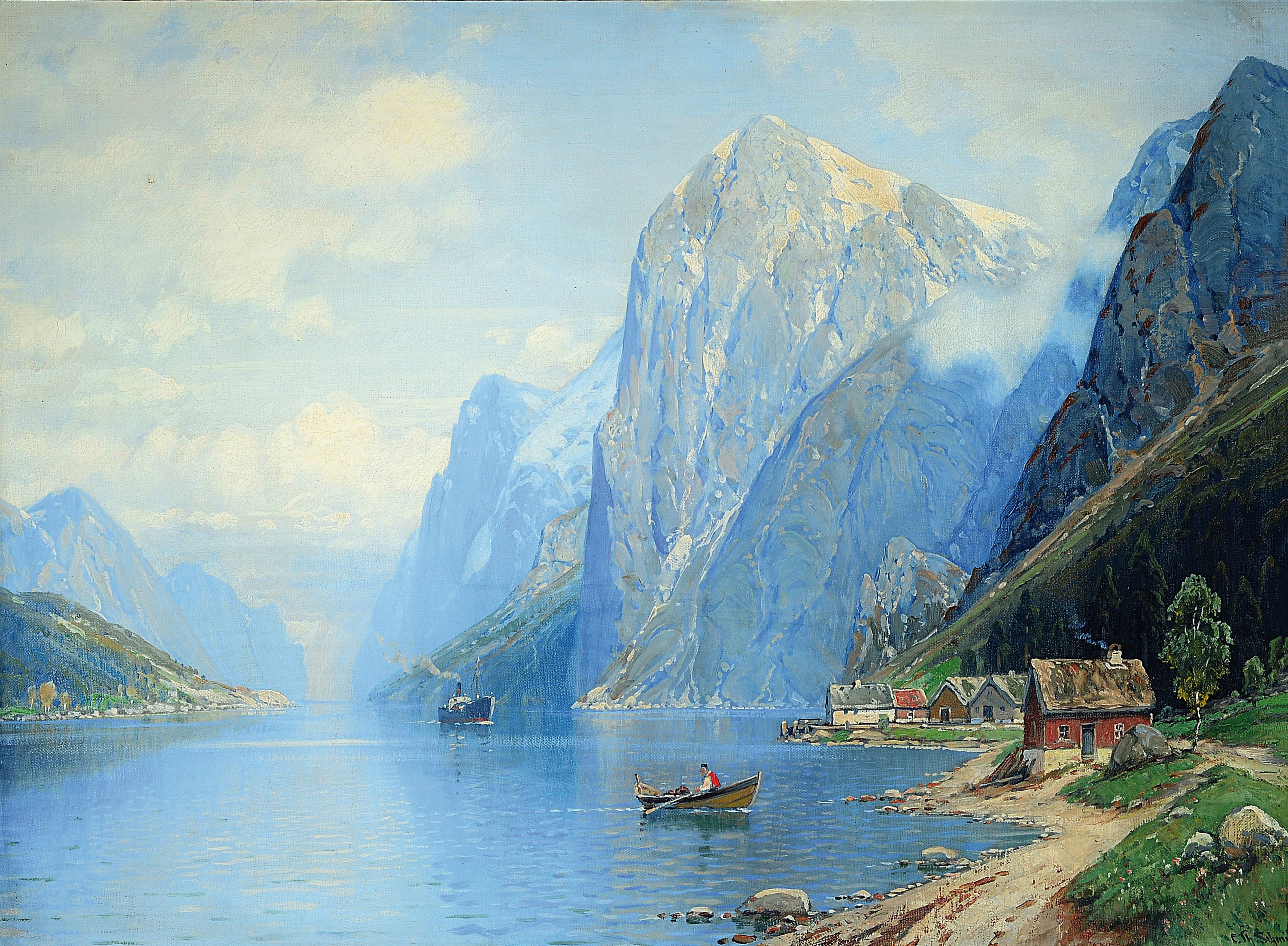 Ch.T. Schmitt, Anfang 20.Jh., Fjordlandschaft mit Dampfschiff, rechts unten signiert, Öl/Lwd, 61x82 cm, Rahmen 78x98 cm