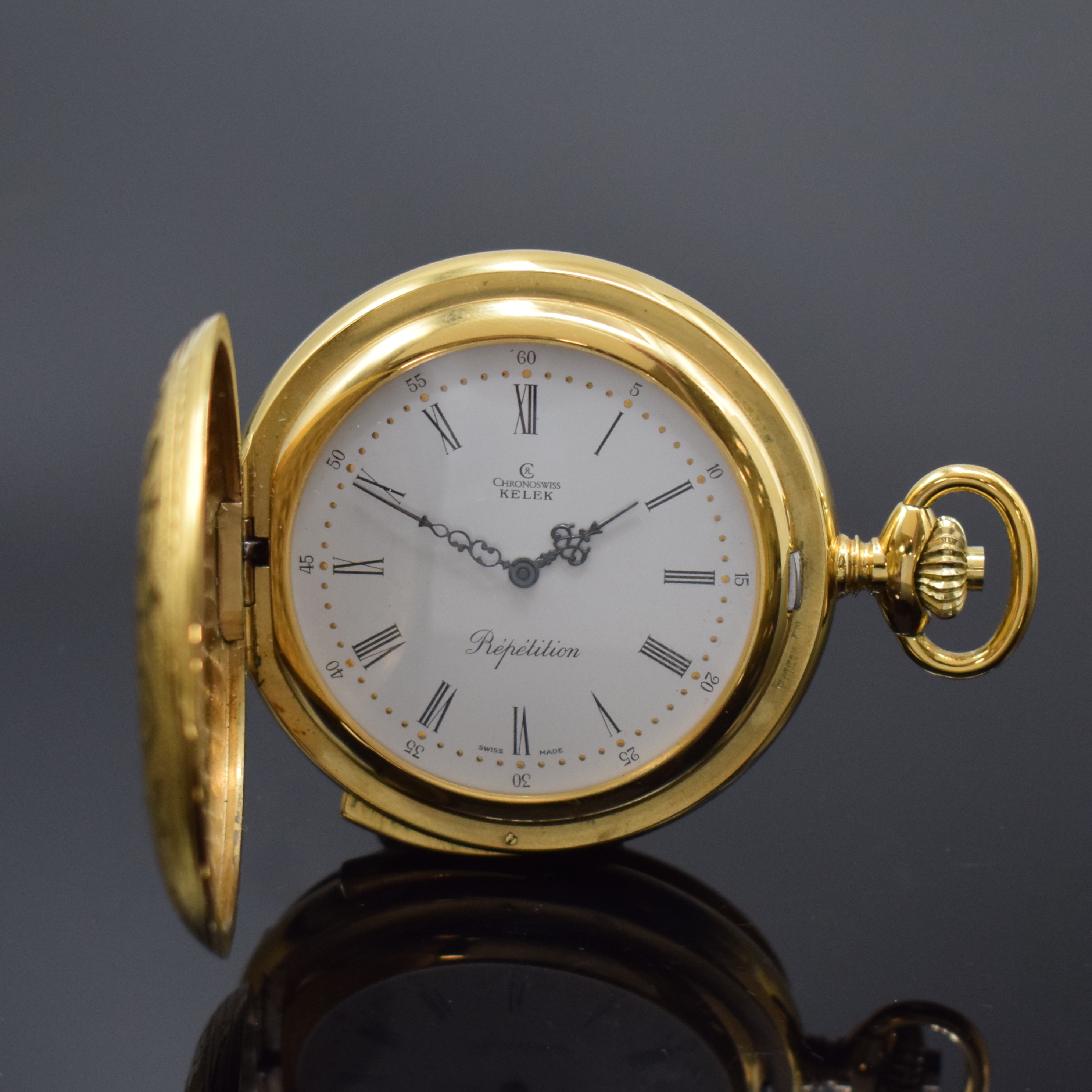 CHRONOSWISS Kelek Herrentaschenuhr mit 5- Minutenrepetition, Schweiz um 1995, verg. und floral grav. Savonette-Geh., weißes Zifferbl. m. röm. ...