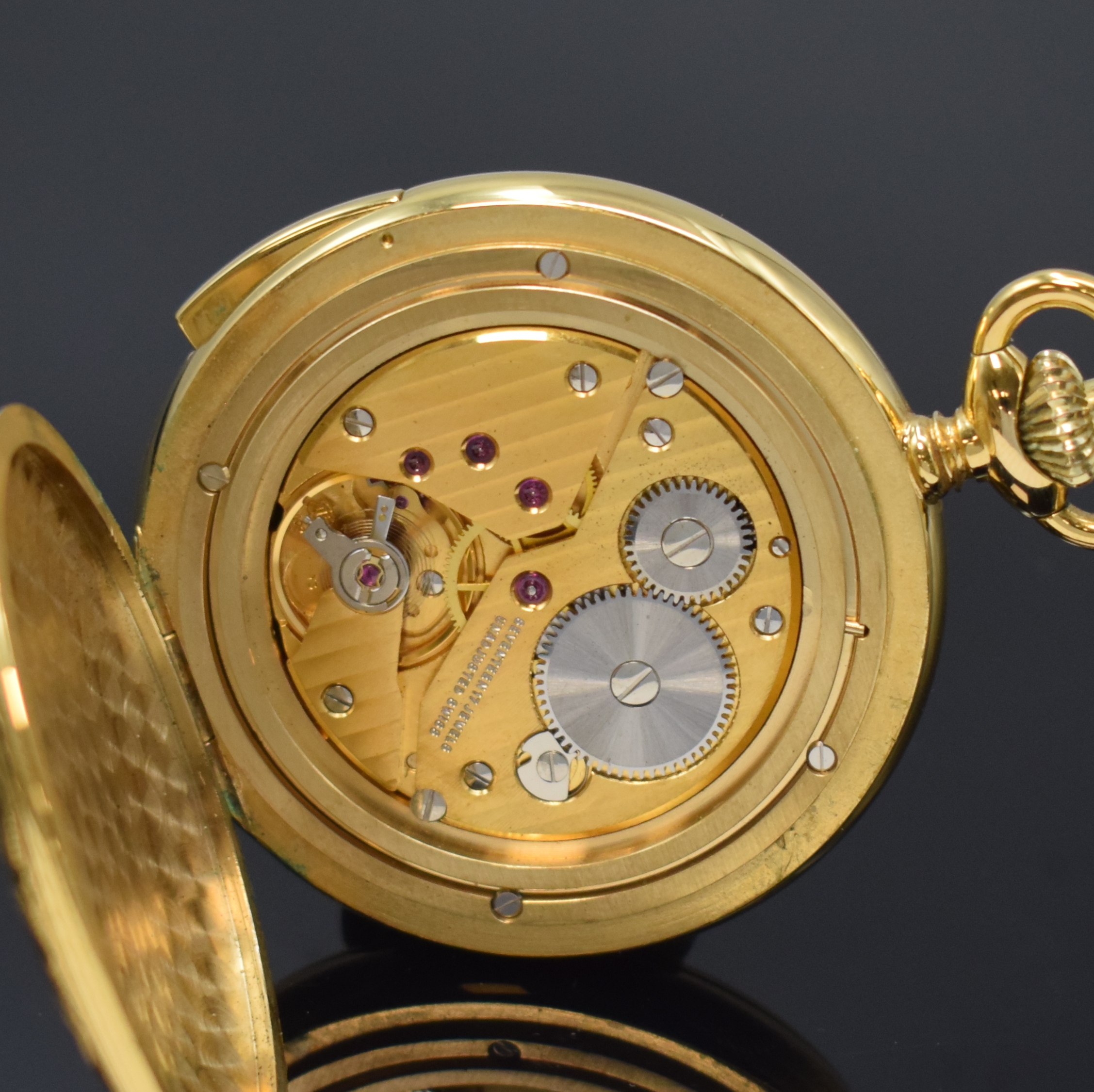 Detail e: CHRONOSWISS Kelek Herrentaschenuhr mit 5- Minutenrepetition, Schweiz um 1995, verg. und floral grav. Savonette-Geh., weißes Zifferbl. m. röm. ...
