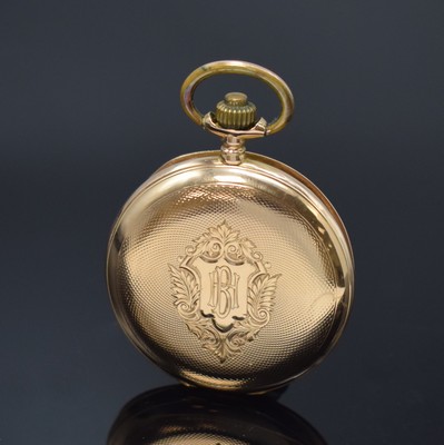 Image 26785303b - 14k pink gold hunting cased pocket watch, Switzerland around 1910, engine-turned 2-cover gold case dent, hunter cover with monogram BH, gold-plated cuvette, enamel dial with Arabic hours hairlines, gold-plated bar construction lever movement, compensation-balance with Breguet-hairspring, diameter approx. 49 mm, weight approx. 78g, condition 2-3 , property of a collector