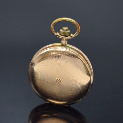 26785303c - 14k pink gold hunting cased pocket watch, Switzerland around 1910, engine-turned 2-cover gold case dent, hunter cover with monogram BH, gold-plated cuvette, enamel dial with Arabic hours hairlines, gold-plated bar construction lever movement, compensation-balance with Breguet-hairspring, diameter approx. 49 mm, weight approx. 78g, condition 2-3 , property of a collector