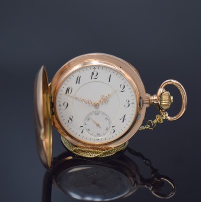 Image 26785305 - UNION GLOCKE 14k pink gold hunting cased pocket watch with 14k yellow gold chain, Germany around 1910, engine-turned 3-cover- gold case with a-Goutte closure slightly dent, 5-piece construction hinge, 3-piece construction enamel dial with hairline cracks, constant second at 6, Louis XV gold hands, gold-plated 3/4-board lever movement under glass, 16 jewels, compensation-balance with Breguet balance-spring, 4 screwed chatons, precision adjustment, diameter approx. 55 mm, total weight approx. 133g, condition 2-3, property of a collector