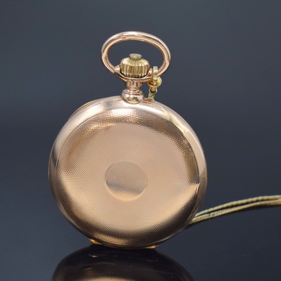 26785305b - UNION GLOCKE 14k pink gold hunting cased pocket watch with 14k yellow gold chain, Germany around 1910, engine-turned 3-cover- gold case with a-Goutte closure slightly dent, 5-piece construction hinge, 3-piece construction enamel dial with hairline cracks, constant second at 6, Louis XV gold hands, gold-plated 3/4-board lever movement under glass, 16 jewels, compensation-balance with Breguet balance-spring, 4 screwed chatons, precision adjustment, diameter approx. 55 mm, total weight approx. 133g, condition 2-3, property of a collector