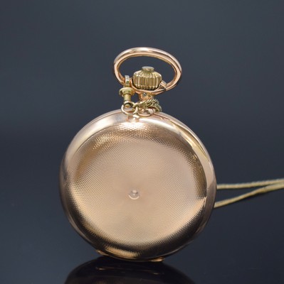 26785305c - UNION GLOCKE 14k pink gold hunting cased pocket watch with 14k yellow gold chain, Germany around 1910, engine-turned 3-cover- gold case with a-Goutte closure slightly dent, 5-piece construction hinge, 3-piece construction enamel dial with hairline cracks, constant second at 6, Louis XV gold hands, gold-plated 3/4-board lever movement under glass, 16 jewels, compensation-balance with Breguet balance-spring, 4 screwed chatons, precision adjustment, diameter approx. 55 mm, total weight approx. 133g, condition 2-3, property of a collector