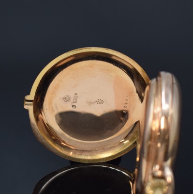 26785305d - UNION GLOCKE 14k pink gold hunting cased pocket watch with 14k yellow gold chain, Germany around 1910, engine-turned 3-cover- gold case with a-Goutte closure slightly dent, 5-piece construction hinge, 3-piece construction enamel dial with hairline cracks, constant second at 6, Louis XV gold hands, gold-plated 3/4-board lever movement under glass, 16 jewels, compensation-balance with Breguet balance-spring, 4 screwed chatons, precision adjustment, diameter approx. 55 mm, total weight approx. 133g, condition 2-3, property of a collector