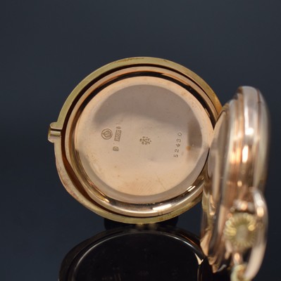 26785305f - UNION GLOCKE 14k pink gold hunting cased pocket watch with 14k yellow gold chain, Germany around 1910, engine-turned 3-cover- gold case with a-Goutte closure slightly dent, 5-piece construction hinge, 3-piece construction enamel dial with hairline cracks, constant second at 6, Louis XV gold hands, gold-plated 3/4-board lever movement under glass, 16 jewels, compensation-balance with Breguet balance-spring, 4 screwed chatons, precision adjustment, diameter approx. 55 mm, total weight approx. 133g, condition 2-3, property of a collector