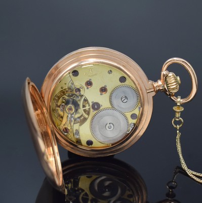 26785305g - UNION GLOCKE 14k pink gold hunting cased pocket watch with 14k yellow gold chain, Germany around 1910, engine-turned 3-cover- gold case with a-Goutte closure slightly dent, 5-piece construction hinge, 3-piece construction enamel dial with hairline cracks, constant second at 6, Louis XV gold hands, gold-plated 3/4-board lever movement under glass, 16 jewels, compensation-balance with Breguet balance-spring, 4 screwed chatons, precision adjustment, diameter approx. 55 mm, total weight approx. 133g, condition 2-3, property of a collector