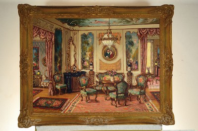 26785307k - Janos Apatfalvi Czene, 1904-1984, Hungary, stately interior, detailed description of the furniture and the wall painting, signed lower right, oil/canvas, 60x80 cm, frame 75x95 cm