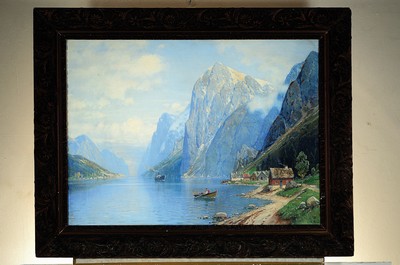 26785309k - Ch.T. Schmitt, early 20th century, fjord landscape with steamboat, signed lower right, oil/canvas, 61x82 cm, frame 78x98 cm