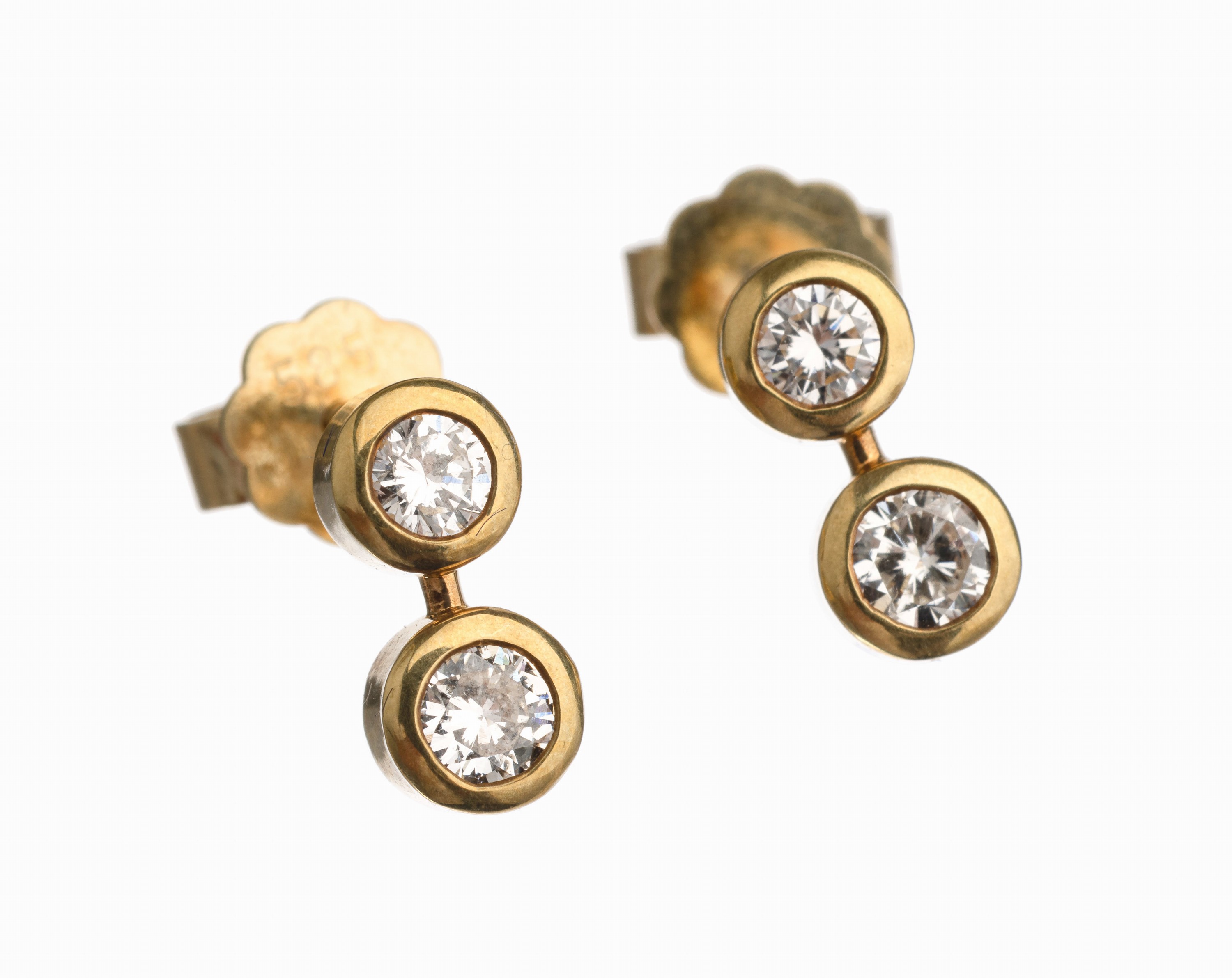 Paar 14 kt Gold Brillant Ohrstecker, GG 585/000, 4 Brillanten zus. ca. 0.50 ct feines Weiß/vs, ca. 2.6 g