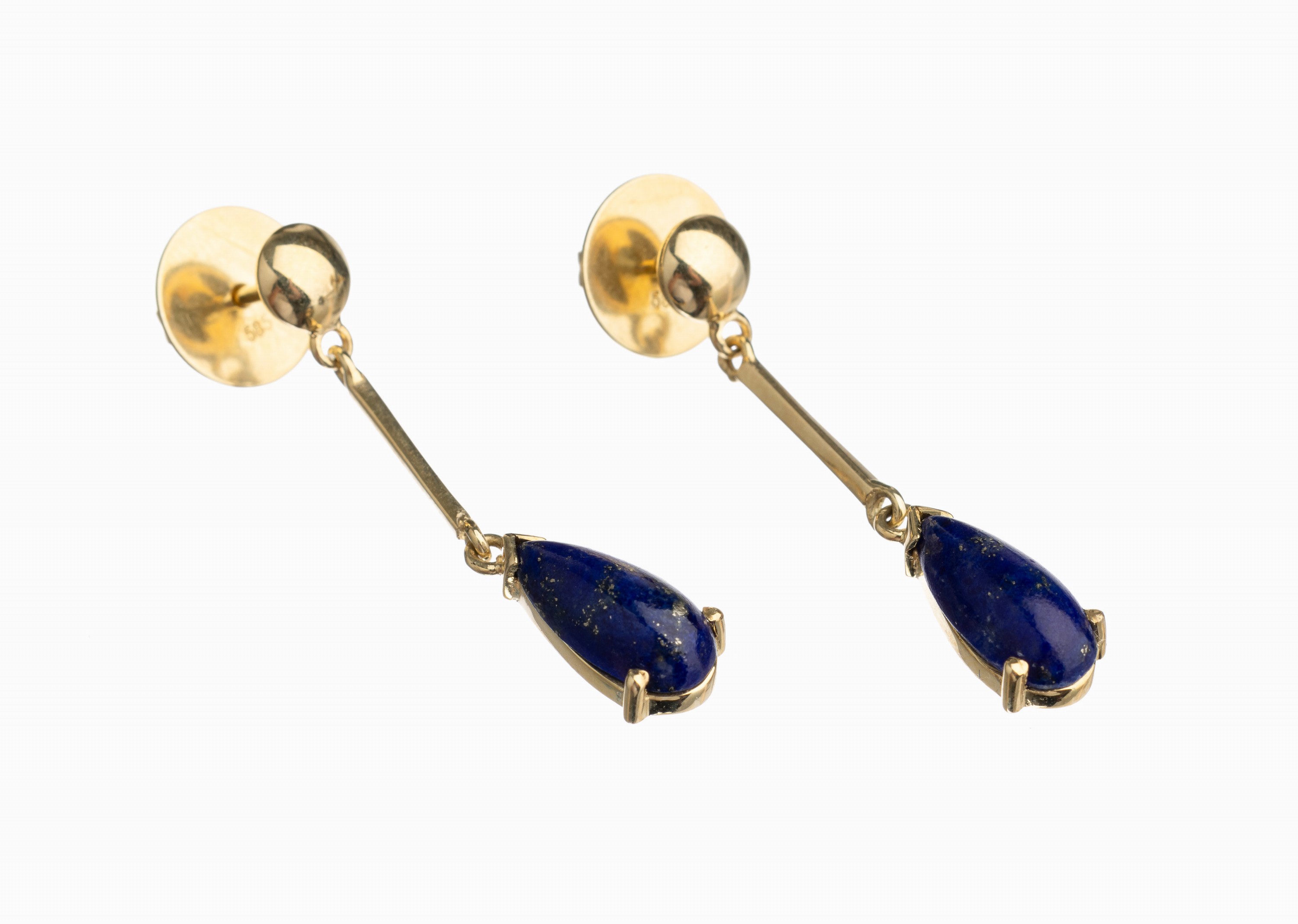 Paar 14 kt Gold Lapislazuli Ohrgehänge, GG 585/000, tropfenf. Abhängung mit einem Lapis- lazulicabochon, L. ca. 3.5 cm, ca. 5 g