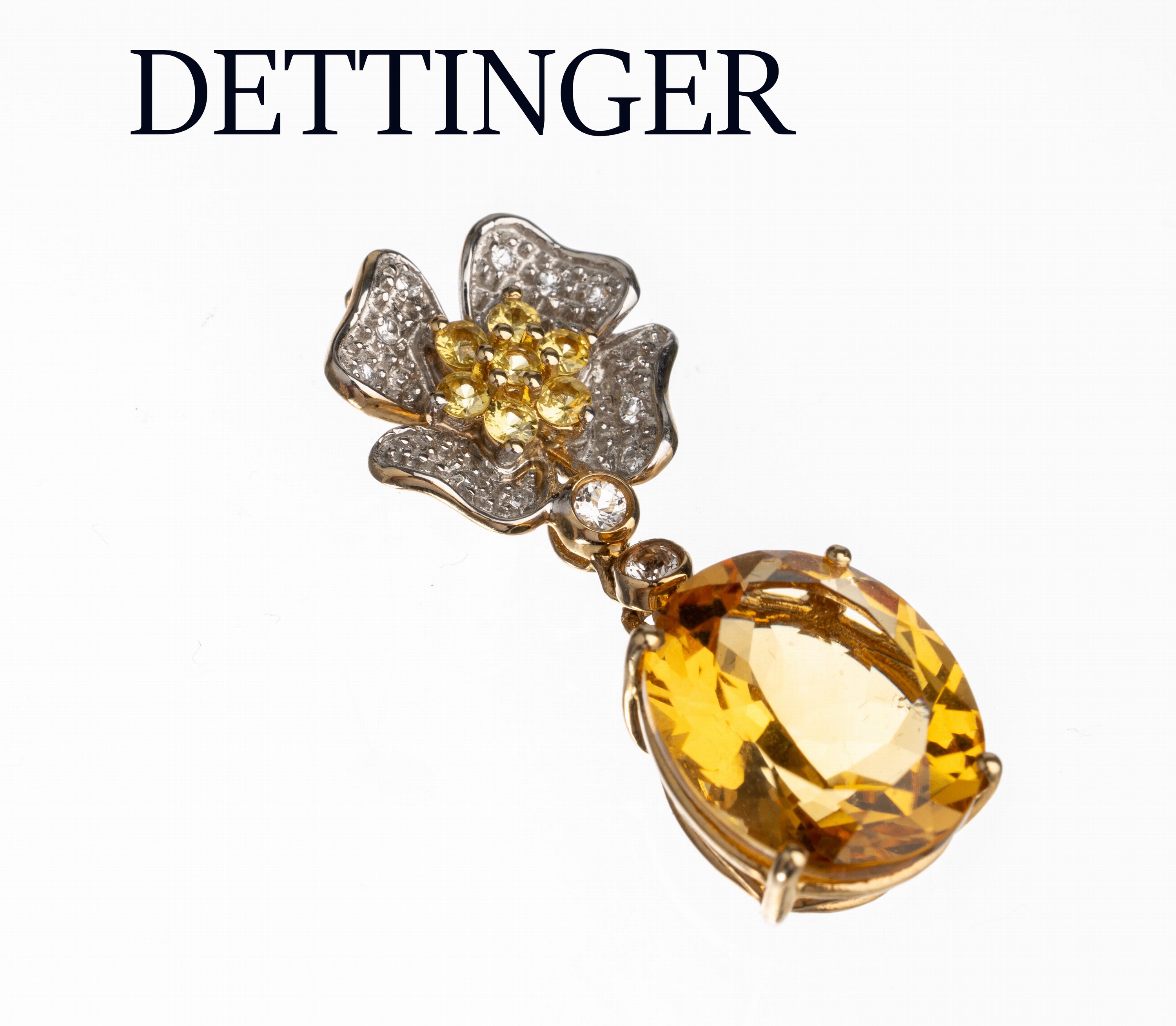 14 kt Gold Citrin-Saphir-Diamant-Anhänger, GG 585/000, Meistermarke Eugen DETTINGER, Pforzheim, ovalfacett. Citrin ca. 5.0 ct, 7 rundfacett. gelbe ...