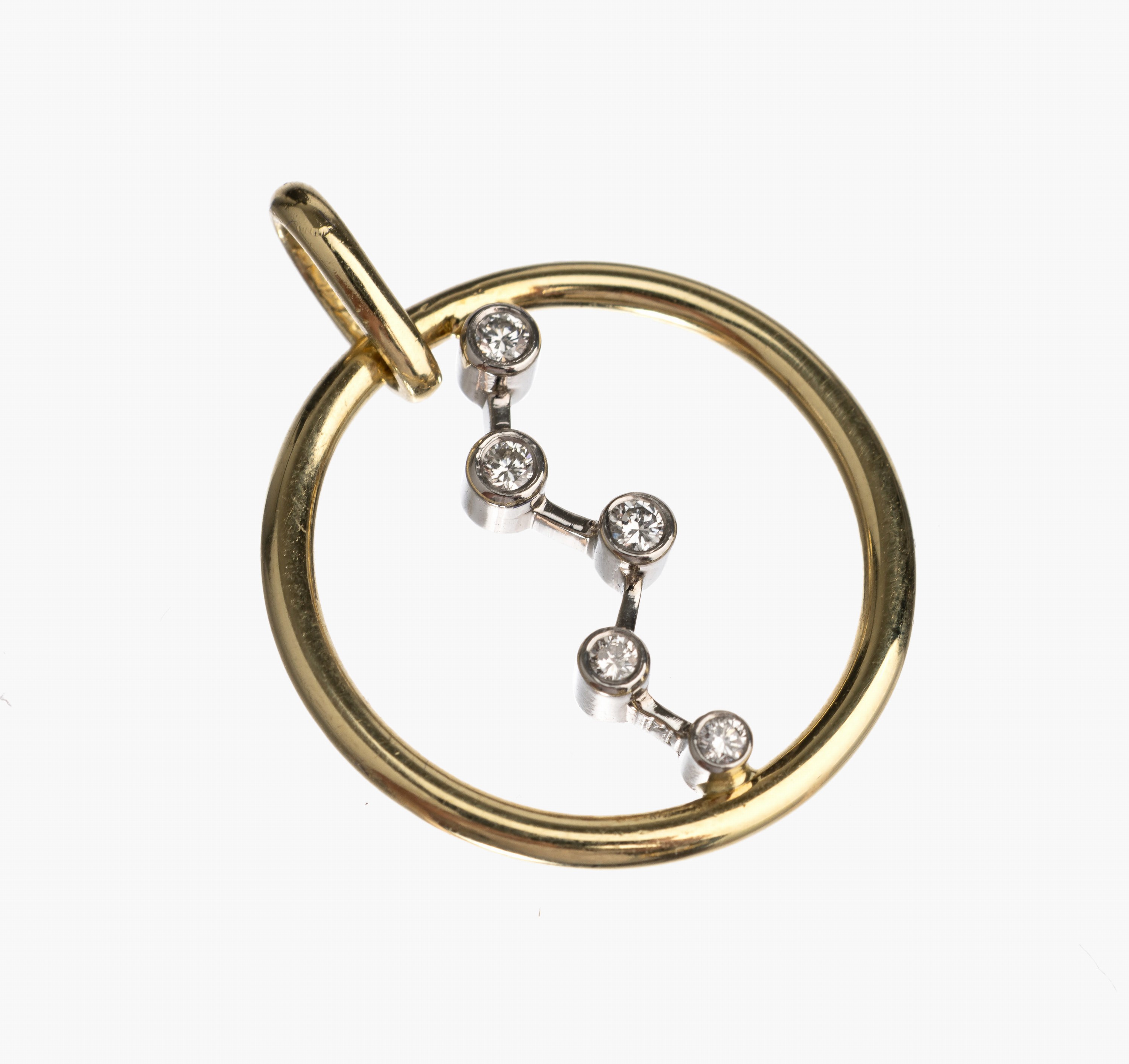 14 kt gold Brillant Anhänger, GG/WG 585/0005 Brillanten zus. ca. 0.20 ct feines Weiß/vs, D. ca. 2 cm, ca. 4.9 g