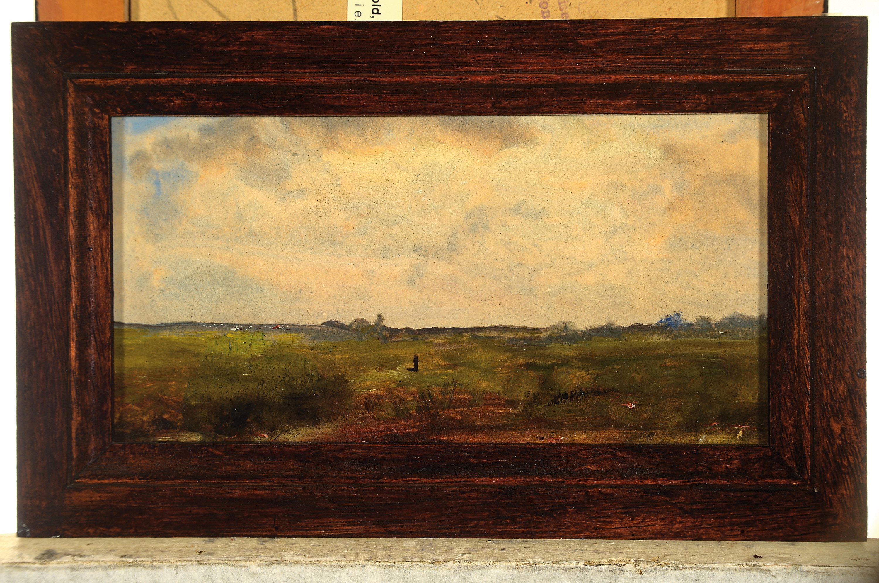 Detail a: Carl Voss und ungedeuteter Künstler, drei Ölgemälde: 1. Wolkenstudie von Carl Voss, Öl/Karton ca. 13 x 21 cm, R.; 2. Landschaft mit Bäumen und ...