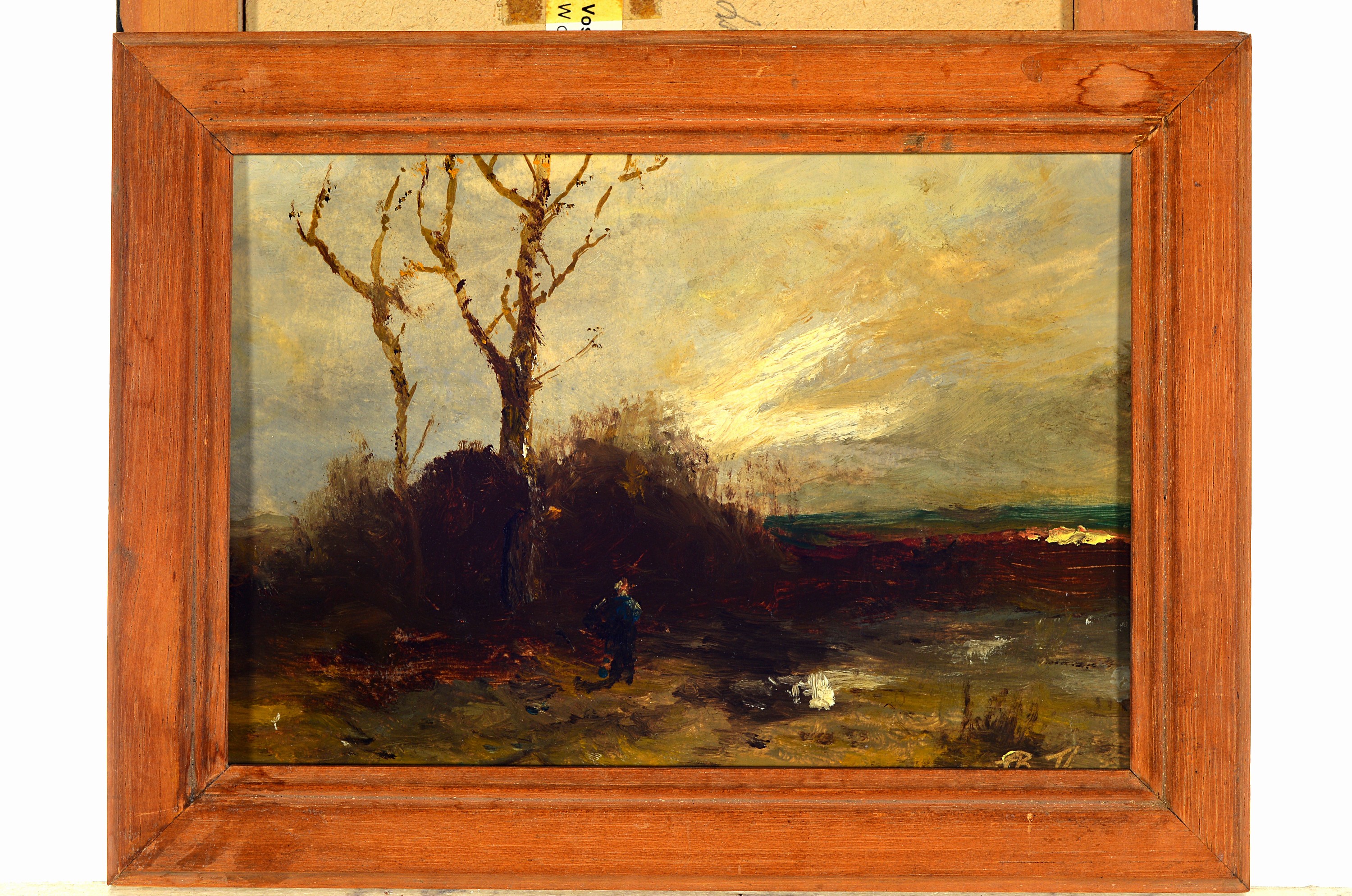 Detail b: Carl Voss und ungedeuteter Künstler, drei Ölgemälde: 1. Wolkenstudie von Carl Voss, Öl/Karton ca. 13 x 21 cm, R.; 2. Landschaft mit Bäumen und ...