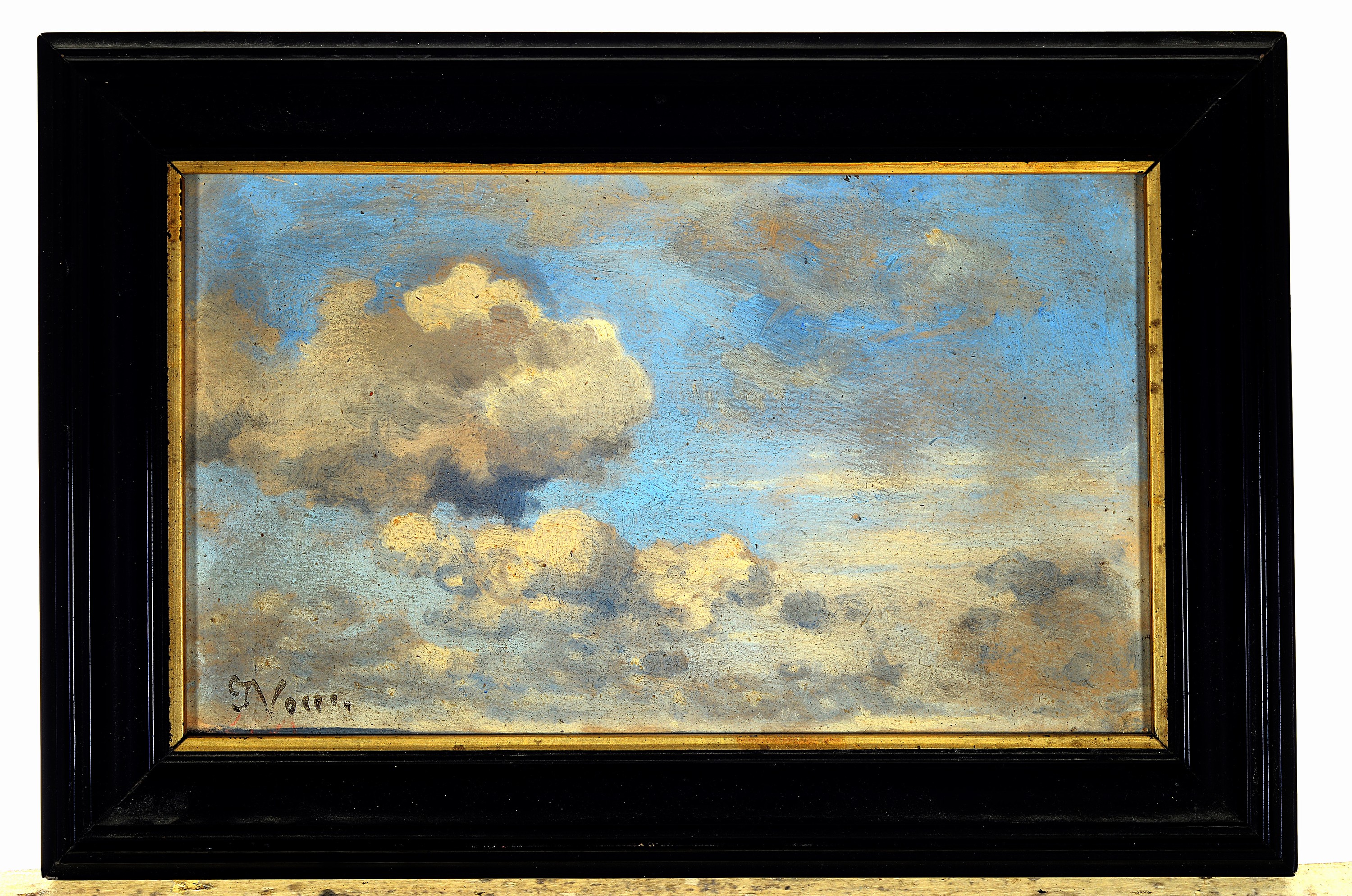 Detail e: Carl Voss und ungedeuteter Künstler, drei Ölgemälde: 1. Wolkenstudie von Carl Voss, Öl/Karton ca. 13 x 21 cm, R.; 2. Landschaft mit Bäumen und ...