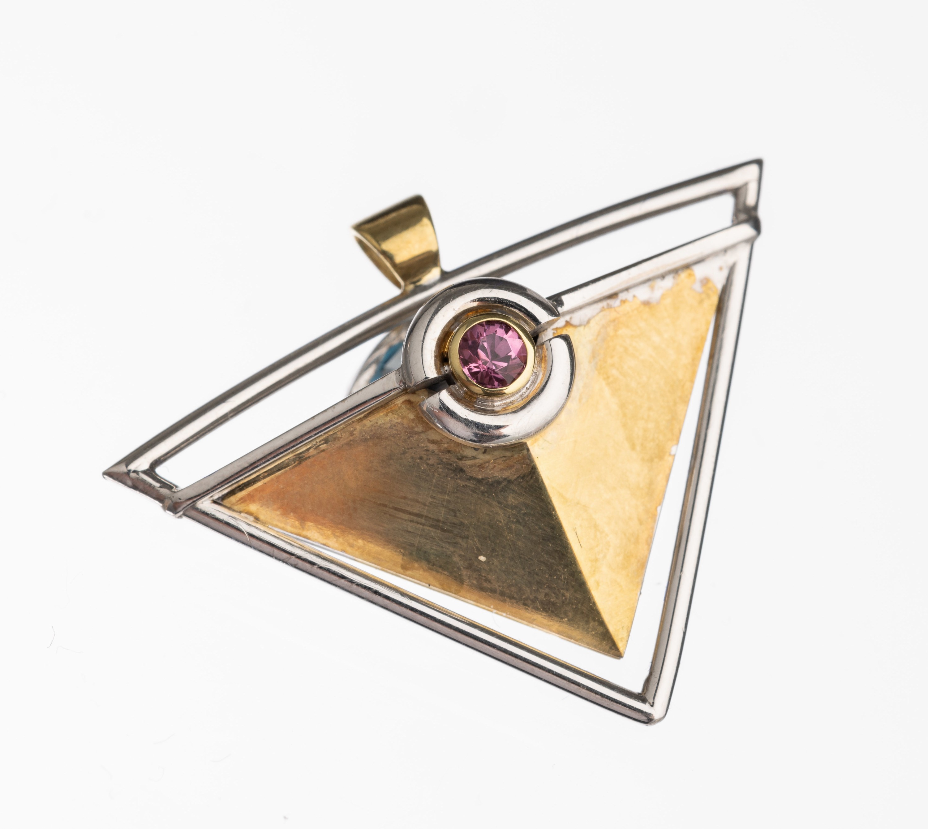 Detail a: 14 kt Gold Wende Farbstein Anhänger, GG/WG 585/000 (gepr.), Topastriangel ca. 1.0 ct, rundfacett. Pink-Saphir ca. 0.10 ct, L. ca. 3 cm, ca. 7.3 g