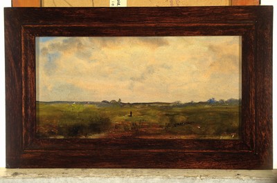 26785458a - Carl Voss and uninterpreted artist, three oil paintings: 1. Cloud study of Carl Voss, oil/cardboard approx. 13 x 21 cm, frame; 2. landscape with trees and person, oil/cardboard, approx. 10.3x 14.5cm, frame; 3x wide landscape with walkers, oil/cardboard, illegally signed, approx. 8 x 15 cm, frame; 2nd and 3rd of the same hand both illegally signed, high quality execution