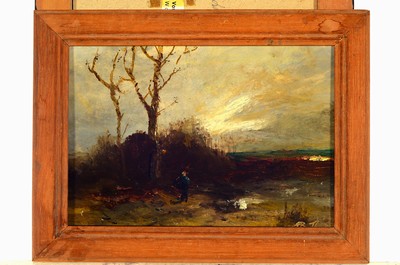26785458b - Carl Voss and uninterpreted artist, three oil paintings: 1. Cloud study of Carl Voss, oil/cardboard approx. 13 x 21 cm, frame; 2. landscape with trees and person, oil/cardboard, approx. 10.3x 14.5cm, frame; 3x wide landscape with walkers, oil/cardboard, illegally signed, approx. 8 x 15 cm, frame; 2nd and 3rd of the same hand both illegally signed, high quality execution