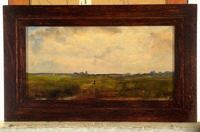 26785458c - Carl Voss and uninterpreted artist, three oil paintings: 1. Cloud study of Carl Voss, oil/cardboard approx. 13 x 21 cm, frame; 2. landscape with trees and person, oil/cardboard, approx. 10.3x 14.5cm, frame; 3x wide landscape with walkers, oil/cardboard, illegally signed, approx. 8 x 15 cm, frame; 2nd and 3rd of the same hand both illegally signed, high quality execution