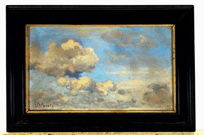 26785458e - Carl Voss and uninterpreted artist, three oil paintings: 1. Cloud study of Carl Voss, oil/cardboard approx. 13 x 21 cm, frame; 2. landscape with trees and person, oil/cardboard, approx. 10.3x 14.5cm, frame; 3x wide landscape with walkers, oil/cardboard, illegally signed, approx. 8 x 15 cm, frame; 2nd and 3rd of the same hand both illegally signed, high quality execution