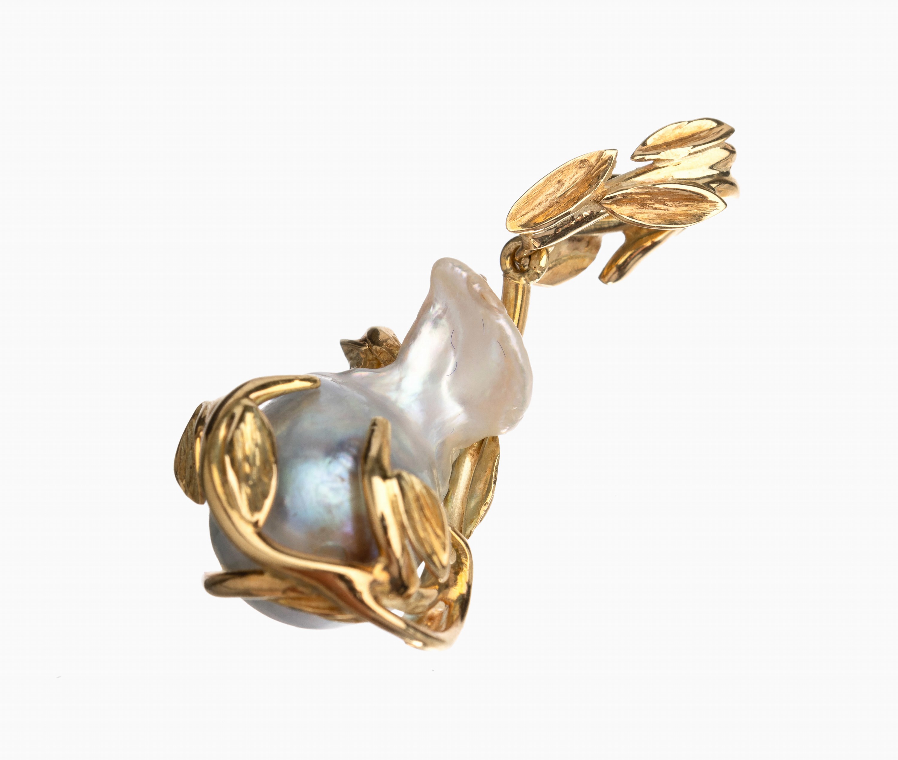 14 kt Gold Südseezuchtperl Anhänger, GG 585/000, florale Gestaltung, barocke Perl, L. ca. 3 cm, ca. 5.4 g
